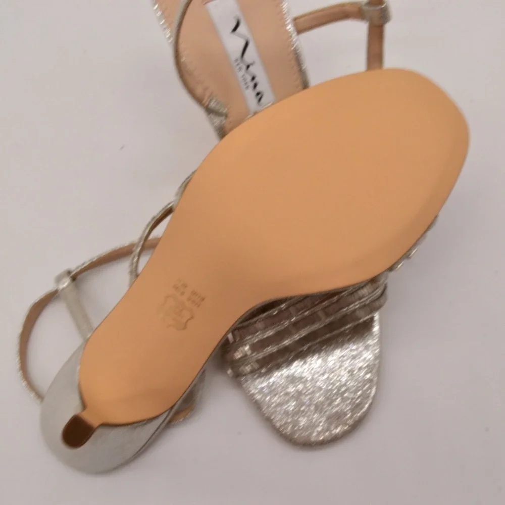 Nina New York Womens Sparkle Strappy Slingback Heels 10 Silver Leather NEW